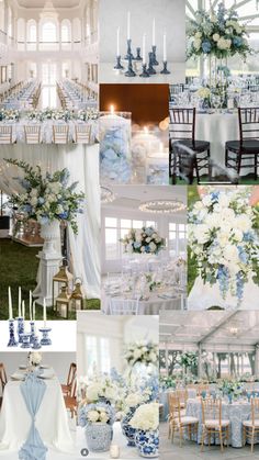 a collage of blue and white wedding decor with flowers in vases, chairs, table cloths