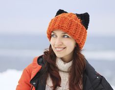 Winter red fox hat black ears baggy huge Slouchy unisex adult Crochet orange beanie animal gift idea ginger cat bulky oversized transformer by ThingsFromShela Warm Crochet Cat Ears Hat For Winter, Warm Crochet Hat With Cat Ears For Winter, Warm Winter Crochet Hat With Cat Ears, Orange Crochet Hat For Winter, Crochet Orange, Orange Beanie, Oversized Hat, Fox Hat, Orange Hats