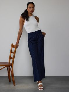 Pinstripe Wide Leg Trouser | New York & Company Denim Jacket Short, Figure Dress, Pinstripe Pattern, Workwear Essentials, Wear To Work Dress, Trousers For Women, Fashion Bottoms, Fashion To Figure, Little White Dresses