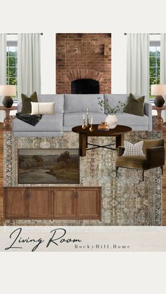 Living room with gray sofa and red brick fireplace Olive Living Rooms, Curtain Frame, Dark Wood Living Room, Long Tv Stand, Dark Wood Coffee Table, Amber Vase, Red Brick Fireplaces