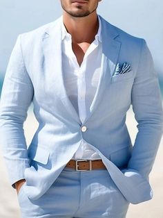 Mens Destination Wedding Attire, Beach Wedding Suit Groom, Baby Blue Suits For Men Wedding, Spring Groom Attire, Light Blue Groomsmen Suits, Light Blue Suit Wedding, Mens Suits Sky Blue, Light Blue Suits, Blue Tuxedo Wedding