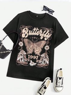 Plus Butterfly & Letter Graphic Tee Black Casual  Half Sleeve Knitted Fabric Letter,Butterfly  Medium Stretch  Women Plus Clothing, size features are:Bust: ,Length: ,Sleeve Length: Shein Graphic Tees, Baggy T-shirt, Baggy Tops, Butterfly Shirt, Dream Outfits, Butterfly Shirts, Bodycon Dress With Sleeves, Shirts For Teens