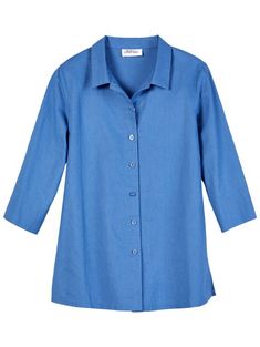 Worn on its own or as a lightweight top layer, our exclusive boyfriend-style shirt will keep you looking and feeling cool! The textured linen weave is exceptionally comfortable and cooling and the addition of cotton makes this shirt less prone to creasing than 100% linen shirts. Details include a full-button front with dyed-to-match buttons, a point collar, 3/4 sleeves with vented cuffs, and a straight hem with side vents. Versatile boyfriend shirt style Relaxed flared silhouette Easy-care linen and cotton blend Classic point collar Full-button front with dyed-to-match buttons 3/4 sleeves with vented cuff Straight hem with side vents Approx. 28" long Linen/cotton Machine wash and dry Imported Exclusive to The Vermont Country Store | Women's Casual Linen and Cotton Boyfriend Shirt - Blue - Cheap Button-up Shirt With Button Closure, Core Wardrobe, Vermont Country Store, Linen Shirts Women, Linen Shirts, Country Store, Boyfriend Style, Boyfriend Shirt, Lightweight Tops