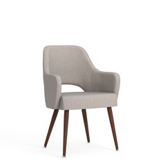 an upholstered chair with wooden legs and a grey fabric seat, viewed from the front