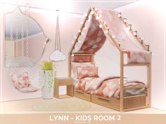 a kid's room with pink and white bedding, hanging curtains and a hammock chair