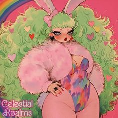 an image of a woman with bunny ears on her head and hair in pastel colors