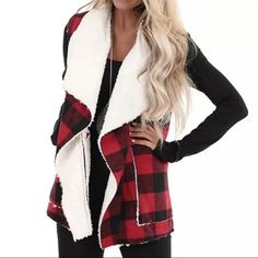 New! #Red & #Black #Buffalo #Plaid #Vest #Cabin #Casual Checks White Turn Down Collar Smooth Poly Cotton Raw-Cropped Hems Snuggly Soft White Interior 2 Pockets Medium: Fits S - L Bust: 36-46�” Length: 26” Throw Over Jeans & A Solid Tee Or Wrap Over A Black Body-Con Dress For An Easy-Fit Evening Out Enjoy! Shorelinechica ~~ Pairing Suggestions: Waterproof Neoprene Totes: Black +Mtlc #Silver & #Red Stripes Or Cabin #Black + Red #Plaid #Buffalo #Check Sterling Silver Hoops >> Available Separately No Buffalo Plaid Vest, Casual Winter Coat, Faux Fur Vest Black, Sleeveless Coat, Plaid Vest, Cropped Vest, Sleeveless Cardigan, Denim And Supply, Vest White