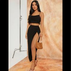 Brand New. Never Worn. Shein Sxy Knot Front Gathered Sleve Top And Spilt Thigh Skirt Set, Cheap Crop Top For Party Season Night Out, Crop Top Elegante, Thigh Skirt, Lover Dress, 2piece Outfits, Crop Cami Top, Sundress Dress, Shein Dress