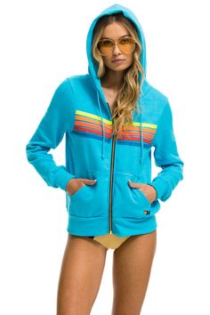 5 STRIPE HOODIE - NEON BLUE // NEON RAINBOW - Aviator Nation Ninja Hoodie, Neon Stripes, Stitch Work, Aviators Women, Aviator Nation, Mens Cashmere, Blue Neon, Neon Rainbow, Womens Cashmere