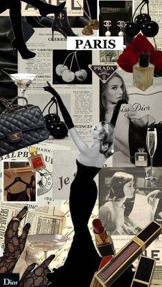 a collage of women's fashion and accessories including shoes, lipstick, purses, perfume bottles, and more