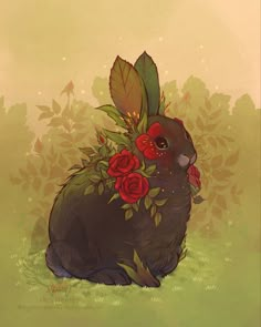 a rabbit with flowers on its head sitting in the grass