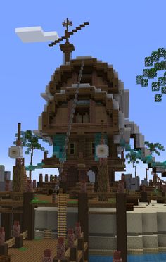 an image of a house made out of minecraft bricks and water spouting from the roof