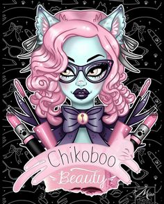 a cartoon character with pink hair and horns on her head, holding lipstick in her hands