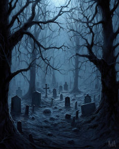 a cemetery with tombstones and trees in the background at night, lit by moonlight