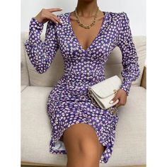 Size Us Shoulder Length Sleeve Length Bust Waist Size Hip Size Cuff Bicep Length L 8/10 14.4 36.2 26 35.8 29.5-40.2 36.6 8.9 12.9 Color: Purple Style: Elegant Pattern Type: Ditsy Floral Season: Spring/Fall Type: Bodycon Neckline: Deep V Neck Sleeve Length: Long Sleeve Sleeve Type: Bishop Sleeve Waist Line: High Waist Hem Shaped: Pencil Length: Short Fit Type: Slim Fit Fabric: High Stretch Material: Polyester Composition: 95% Polyester, 5% Elastane Care Instructions: Machine Wash Or Professional Floral Print V-neck Bodycon Dress For Parties, V-neck Floral Print Bodycon Dress For Party, Floral Print V-neck Bodycon Dress For Night Out, V-neck Floral Print Bodycon Dress For Night Out, V-neck Floral Bodycon Dress For Night Out, Party Floral Print V-neck Bodycon Dress, Party Bodycon Dress With Floral Print And V-neck, Purple V-neck Bodycon Dress, Floral Print Knee-length Bodycon Dress For Date Night