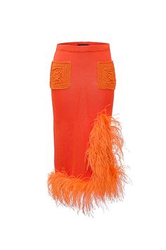 andreeva orange knit skirt with feathers Ruffled Feathers, Orange Knit, Orange Skirt, Handmade Knit, Knit Midi Skirt, Feather Trim, Orange Orange, Mid Length Skirts, Ostrich Feathers