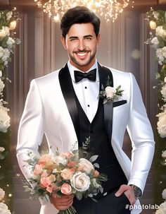 a man in a tuxedo holding a bouquet of flowers and smiling at the camera