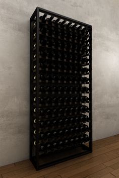 a wine rack is shown in front of a white wall and wooden floored floor