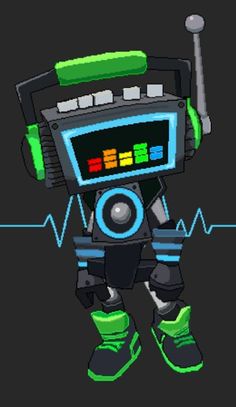 an animated robot with headphones and music playing on it's ears, standing in front of a black background