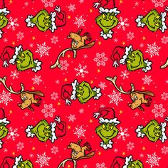 the grin's christmas pattern is red with white snowflakes and green heads