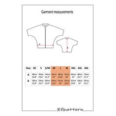 an image of the measurements for garment measurementss in different sizes and colors, including short sleeves