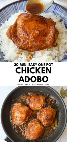 chicken adobo in a skillet with rice and sauce on the side, next to an image of how to make chicken adobo