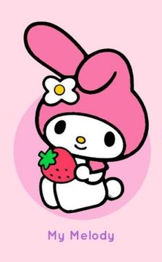 a hello kitty holding a strawberry on top of a pink background with the caption my melody