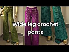 three crocheted pants are displayed in front of a mannequin