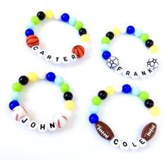 Baseball bracelet boys beaded them sport bracelet for toddler boys jewelry personalized boys bracele Personalized Blue Bracelets For Sports Events, Sporty Personalized Name Bracelet As A Gift, Sporty Personalized Stretch Bracelet For Sports Events, Boys Basketball Gifts, Basketball Jewelry, Birthday Favors Kids, Baseball Bracelet, Football Bracelet, Boys Bracelets