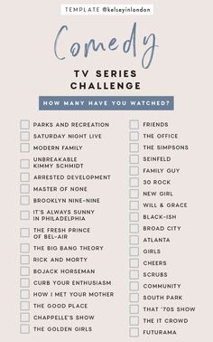 a checklist with the words comedy tv series challenge written in blue and white on it