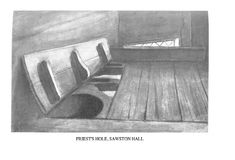 a pencil drawing of a long table and benches in a room with wooden flooring