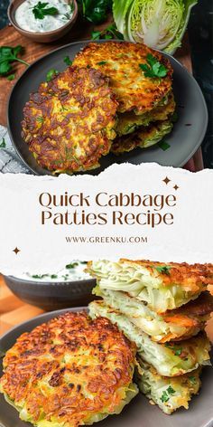 some food is stacked on top of each other with the words quick cabbage patties recipe