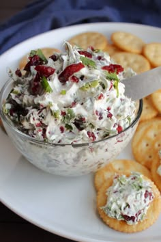 a white plate topped with crackers and a bowl of dip