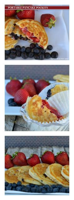 three pictures of different pastries with strawberries and blueberries