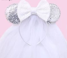 Bridal mouse ears with veil  Headband fits adult and child if you need your ears by a specific date, please let me know when you order so I can ensure this can be completed in time Minnie Mouse Headband, Minnie Ears Headband, Festival Headband, Bow Hairband, Red Peach, Mouse Ears Headband, Bag Display, Ears Headband, Minnie Mouse Ears