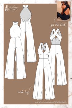 the front and back view of a woman's jumpsuit pattern