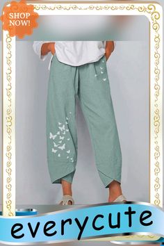 Women Casual Harem Pants Summer Elastic Waist Wide Leg Pants Vintage Floral Printed Trousers Female Loose Pantalon Plus Size Spring Green Straight Leg Harem Pants, Green Ankle-length Bottoms With Elastic Waistband, Non-stretch Ankle-length Green Pants, Cotton Ankle-length Pants For Spring, Casual Green Ankle-length Pants, Green Ankle-length Bottoms With Pockets, Green Cotton Ankle-length Bottoms, Green Cotton Ankle-length Pants, Green Ankle-length Cotton Bottoms