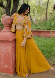 Paulmi & Harsh | Ochre Yellow Jacket With Top And Palazzo | INDIASPOPUP.COM Lehenga Poses, Paulmi And Harsh, Inai Pengantin, डिजाइनर कपड़े, Mehendi Outfit, Haldi Outfits, Haldi Outfit, Function Dresses, Floral Belt