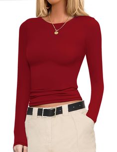 PRICES MAY VARY. Classic & Special Length Design - This long sleeve thermal tops features a boat neck design and a Shorter basic T-shirt length. Its adaptability shines as it effortlessly transitions from a tucked-in inner layer to a stylish crop top when stacked at the waist, making it a must-have piece for those seeking to channel the fall fashion trend. Ultimate Comfort Thermal Tops - The fabric is soft, skin-friendly and smooth to touch. Four-way stretching provides excellent elasticity and Red Top Long Sleeve, Red Long Sleeve Top Outfits, Cherry Red Clothes, Tight Long Sleeve Shirt Outfit, Red Long Sleeve Shirt Outfit, Dark Red Clothes, Red Tops For Women, Red Outfit Ideas, Long Sleeve Shirt Outfits