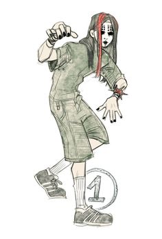 a drawing of a girl with red hair and makeup on her face, wearing an army uniform