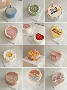 many different types of birthday cakes with candles on top of them and in the shape of hearts