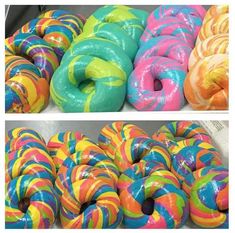 there are many donuts with different colors on the doughnuts and one is multicolored