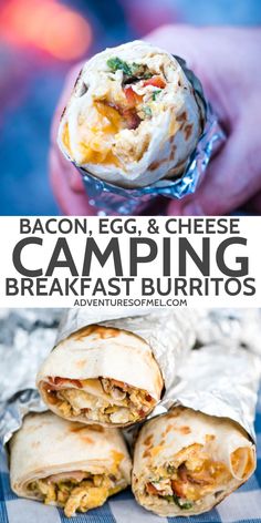 bacon, egg and cheese camping burritos on a table with text overlay