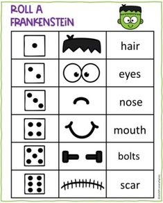 the roll and learn game for children to play with halloween themed objects, including eyes, nose