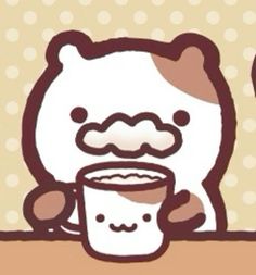 a cartoon bear holding a coffee cup in front of it's face with another bear behind it