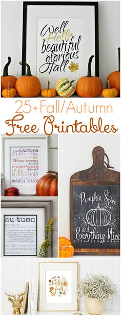 an assortment of free printables for fall and thanksgiving decor including pumpkins, cornucons, etc