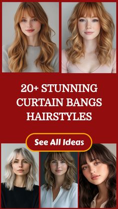 20+ stunning curtain bangs hairstyles featuring women with various hair colors and lengths.