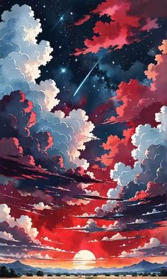 the sky is filled with clouds and stars