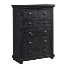 a black dresser with five drawers and metal knobs on the bottom drawer, against a white background