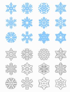 six snowflakes are shown in blue and black on a white background, each with different shapes